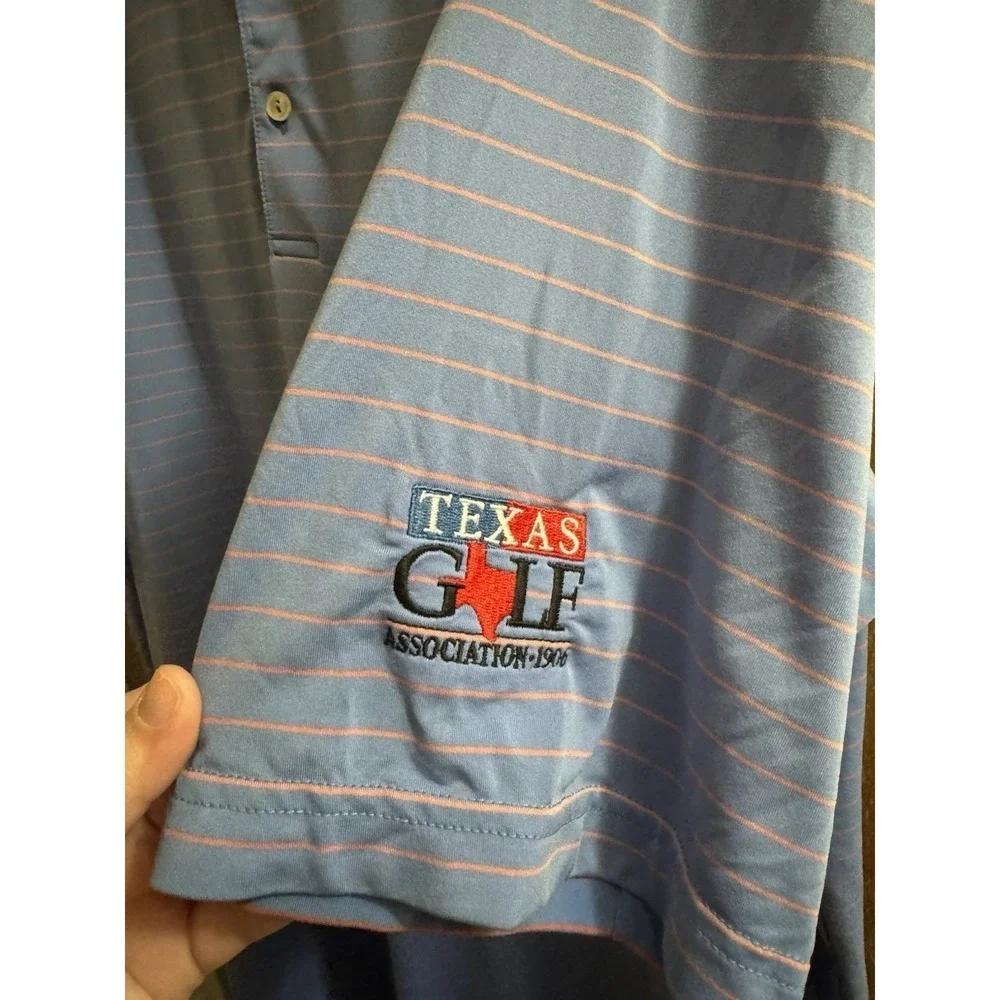 Peter Millar Summer Comfort Mens XL Polo Shirt Blue Pink Striped TX Golf Patch